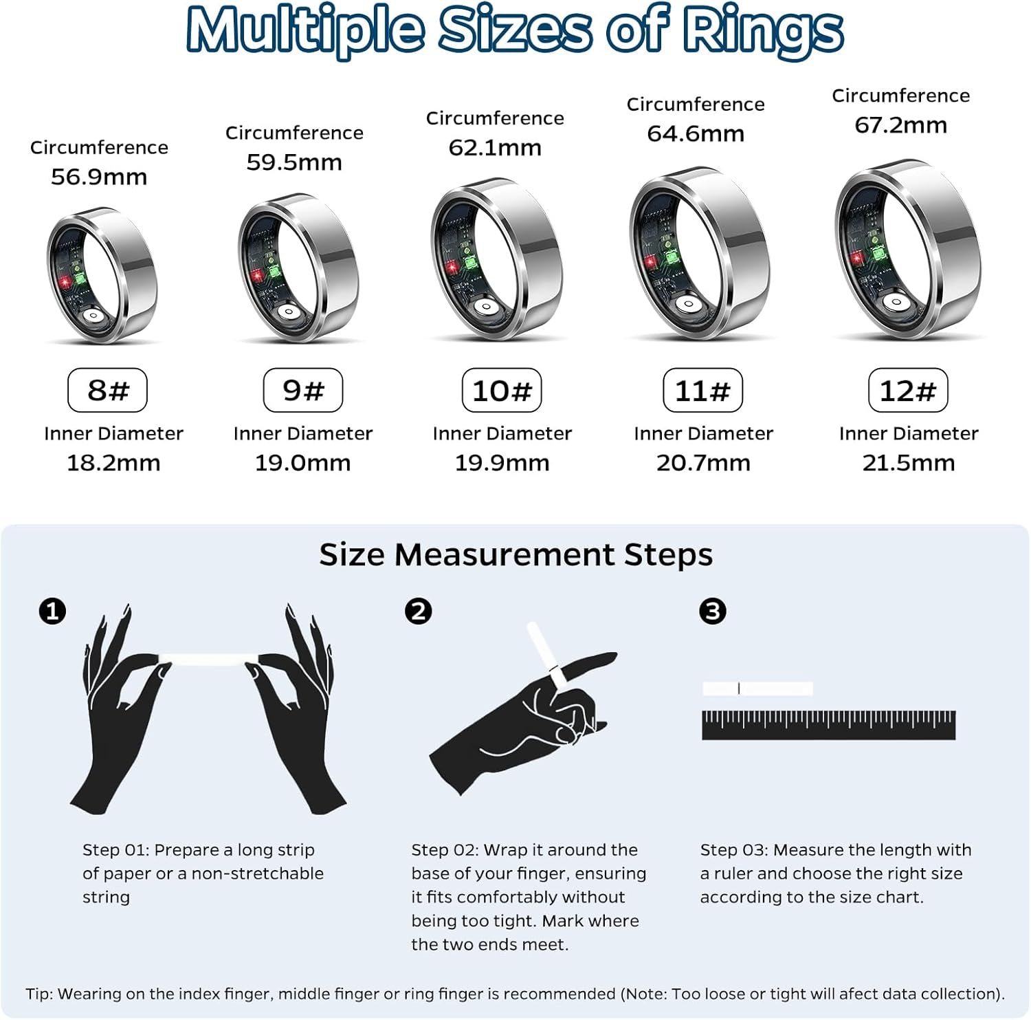 Sleep Tracker Ring with Heart Rate, Waterproof Fitness Ring for Activity Monitoring/Steps/Distance/Calories, Air Gestures, up to 7-Day Battery, for Ios Android (Silver,#12)